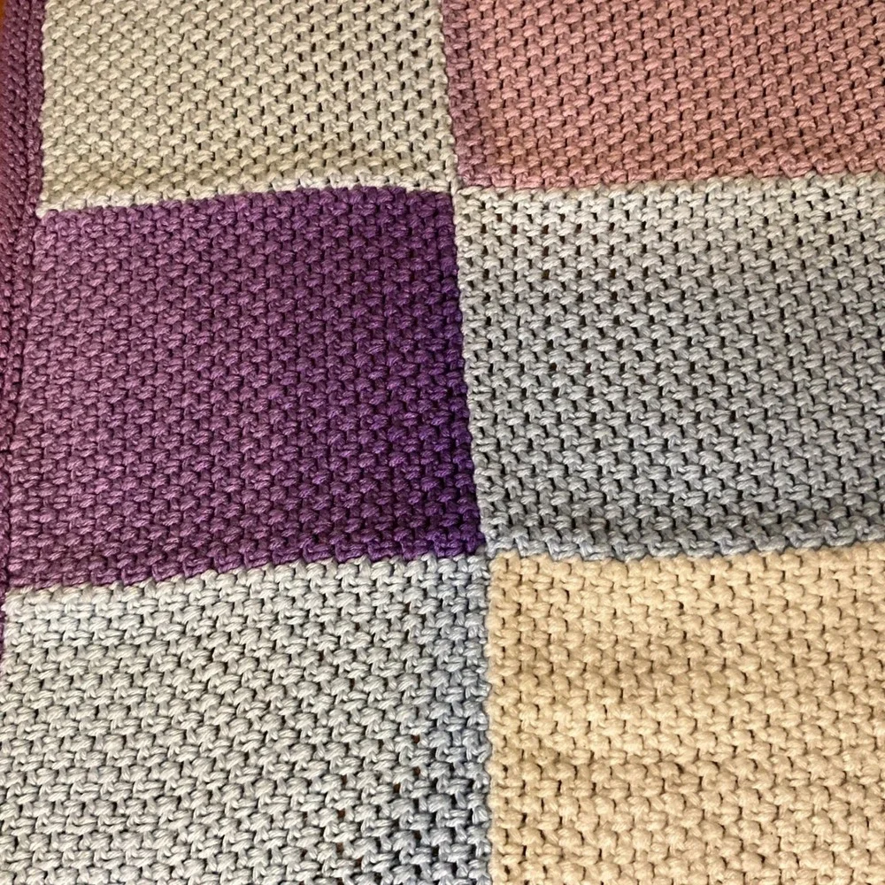 Handmade Patchwork Crochet Blanket Cozy Throw Purple‎ Tan Gray Baby Toddler